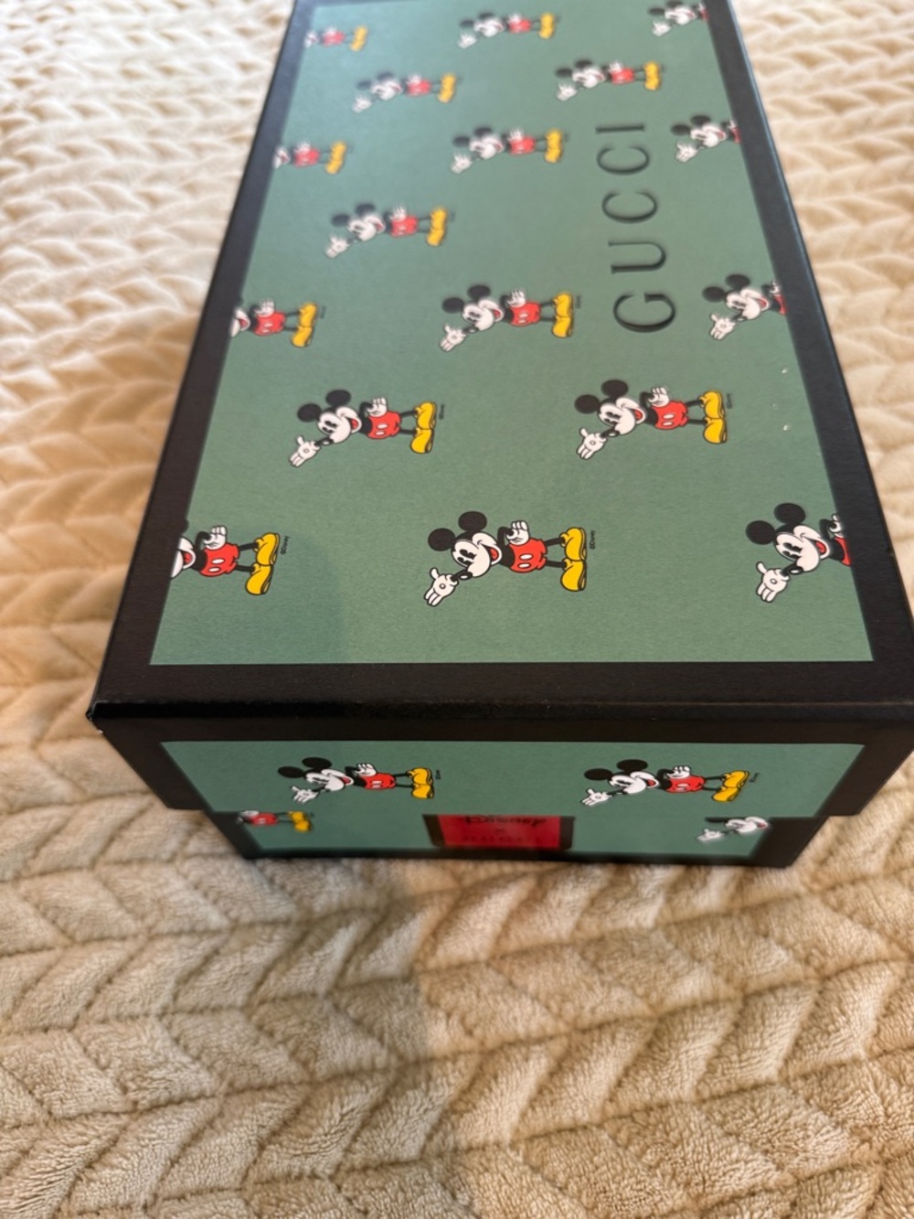 Gucci Green shoe Box with Mickey Mouse Print and Black Trim